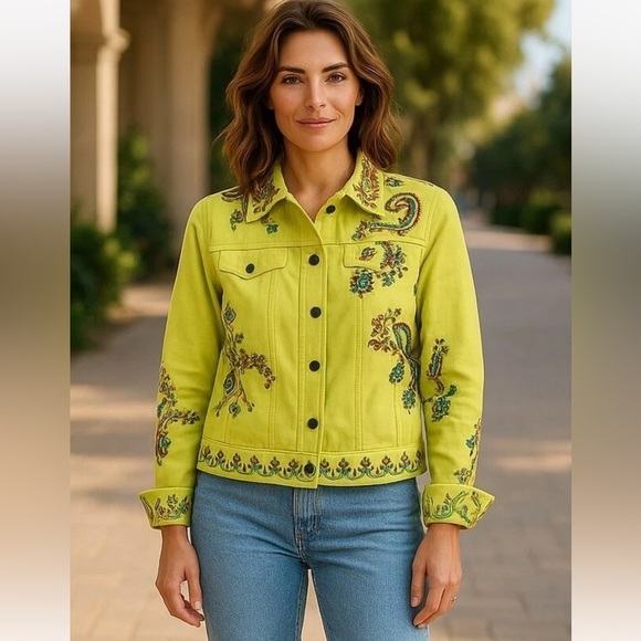 Coldwater Creek Jackets & Blazers - Coldwater Creek Green Denim Twill Paisley Embroidered Boho Jacket large
